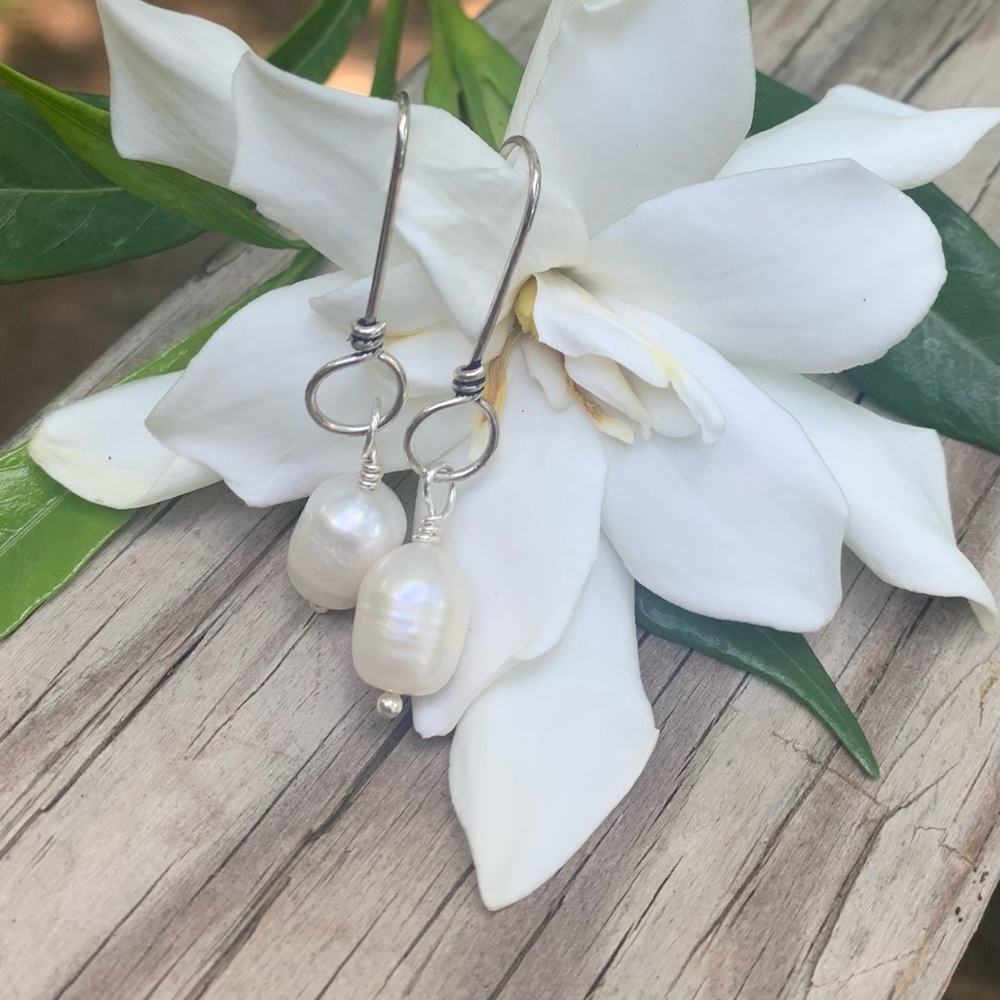 SOLD Pearl White Barrel Earrings.SS Twisted ear wire. Jewelry Store Quality - Picture 9 of 11